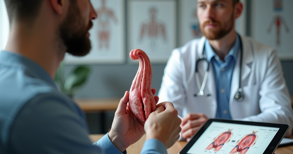 Médico com modelo anatômico de pênis explicando curvatura ao paciente. 