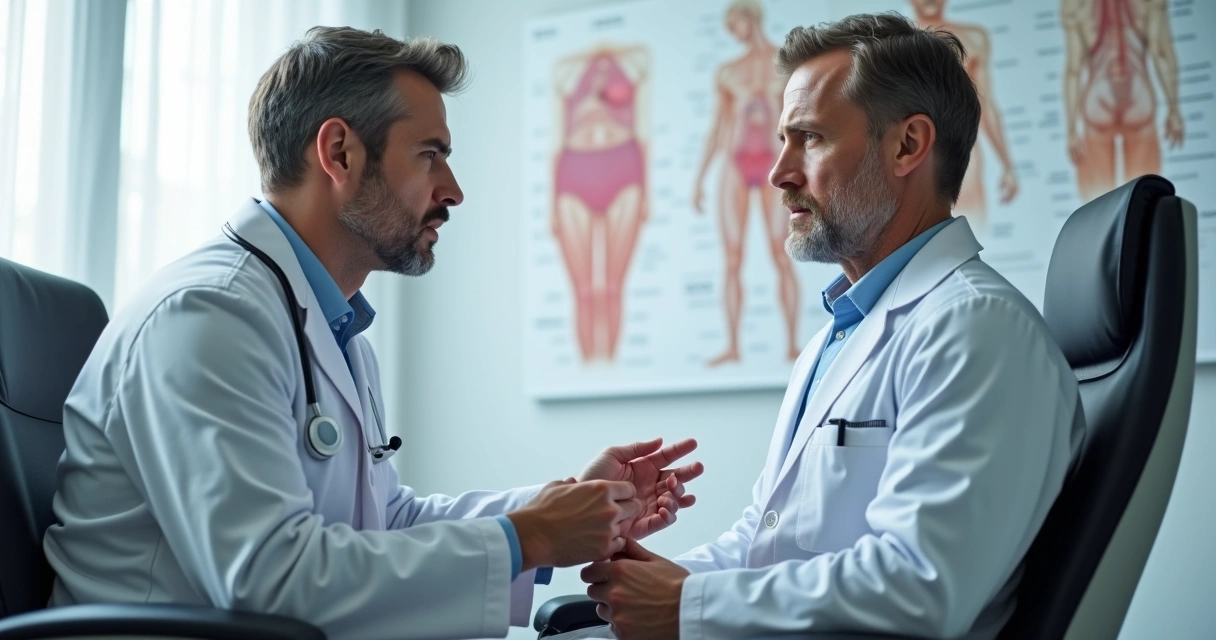 Urologista examinando paciente com curvatura peniana 
