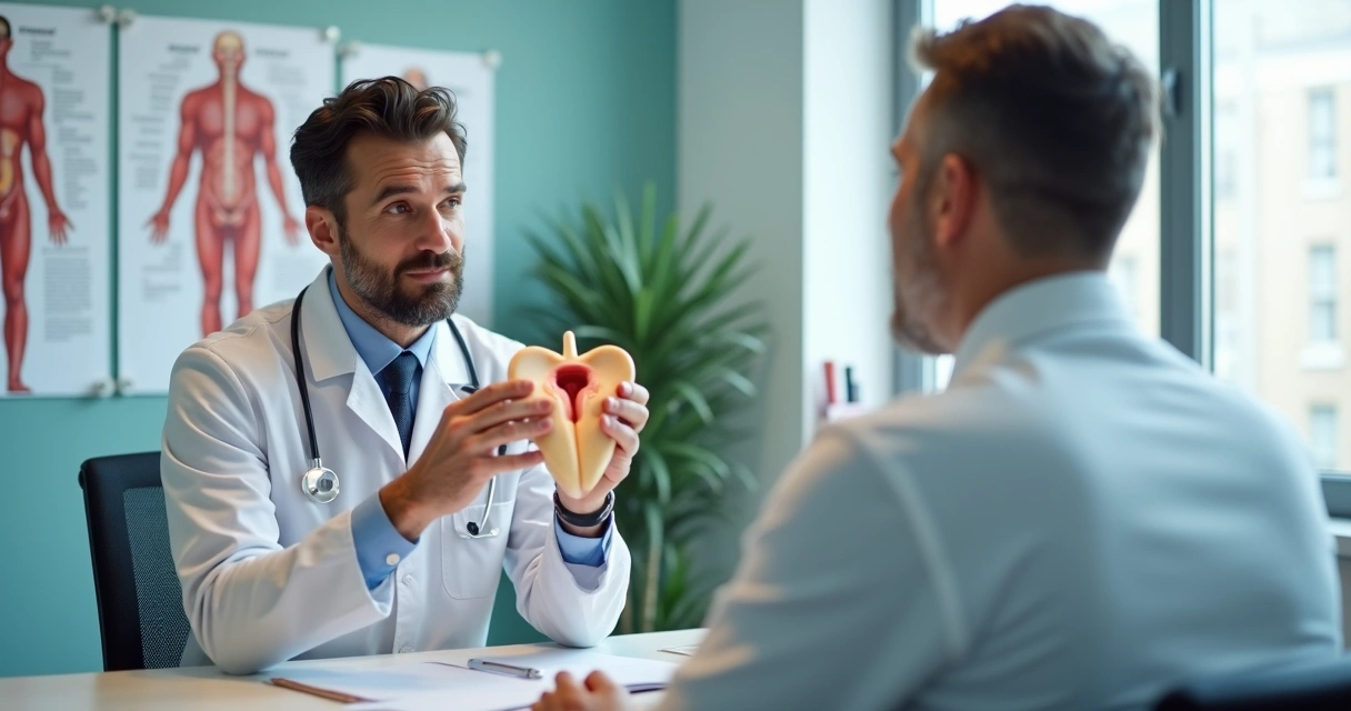 Médico mostrando pênis artificial com curvatura peniana visível, de perfil. 