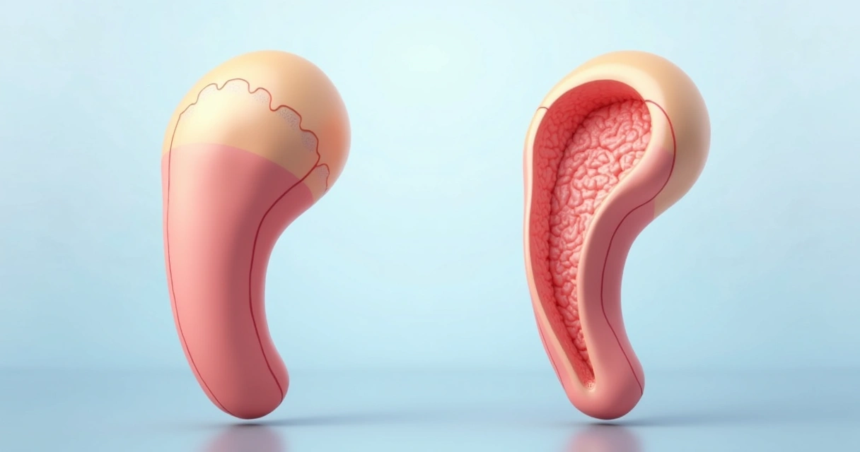 Curvatura peniana devido à doença de Peyronie, ilustrando a diferença entre pênis saudável e pênis afetado