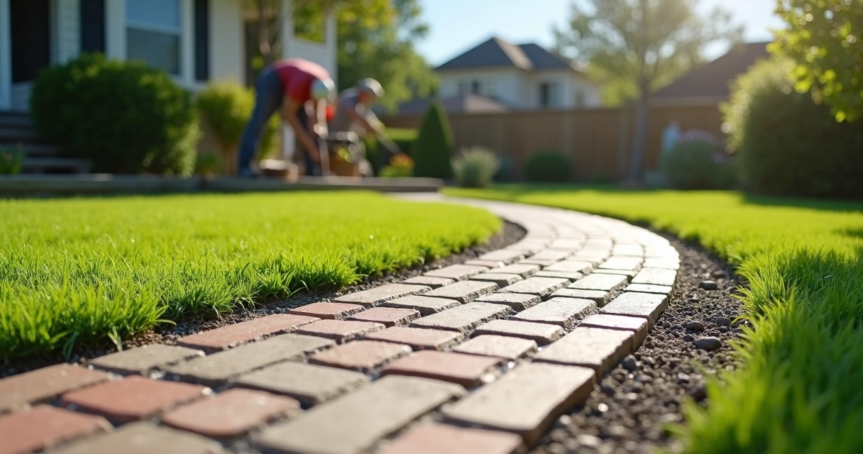 Curved paver path being installed on compacted base