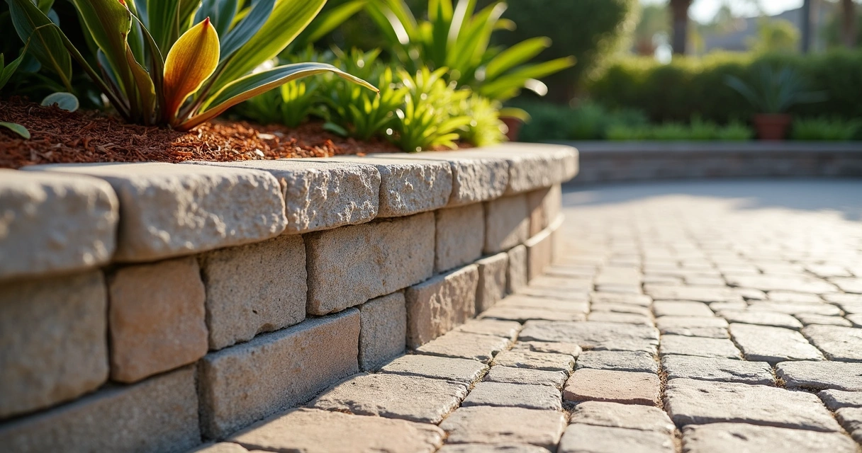 Curved paver retaining wall with visible drainage features 