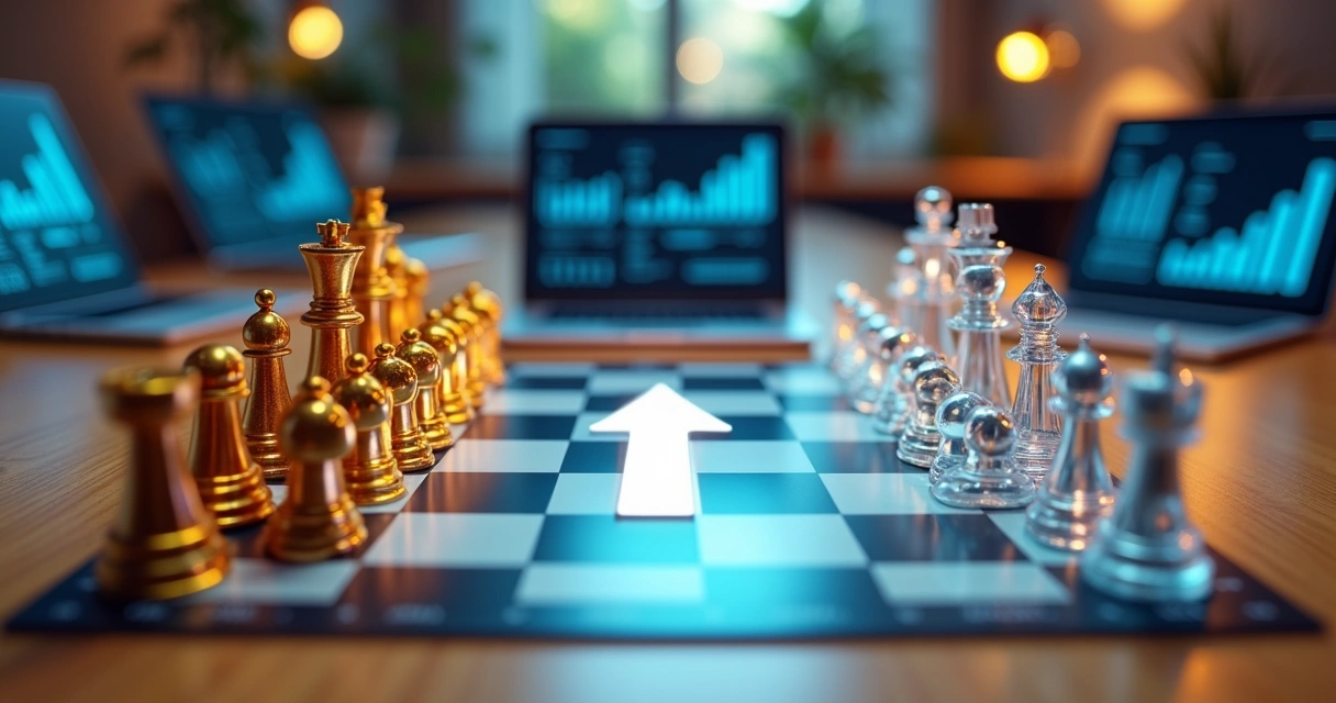 Tabuleiro de xadrez com peças representando investimento e clientes 