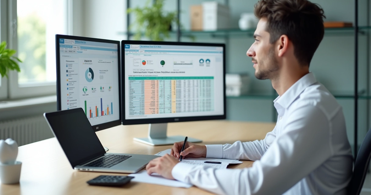 Gestor analisando custo de aquisição de pacientes com planilha e anúncios digitais ao fundo 