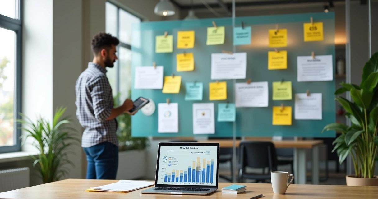 Empresária avaliando diferentes opções de custo de contador terceirizado em painel de post-its coloridos 