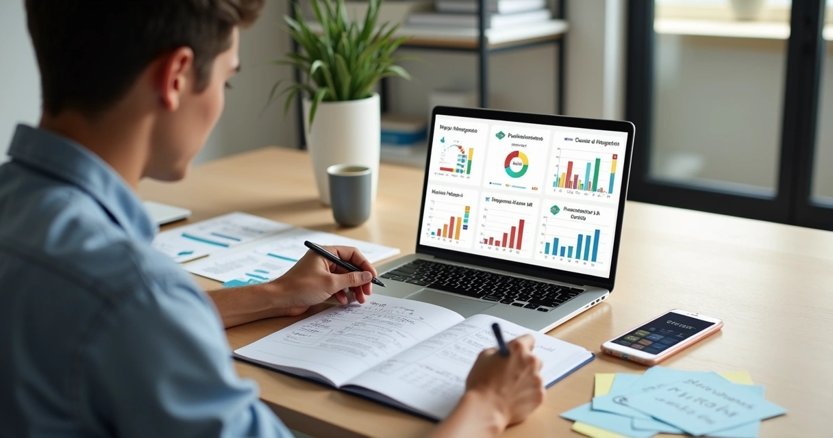 Pessoa analisando custos para criar e manter um site com gráficos em tela de notebook 