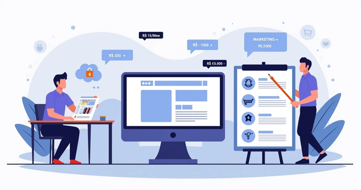 Ilustração de profissional analisando custos para criar um site em 2026 em um painel com gráficos e ícones digitais 