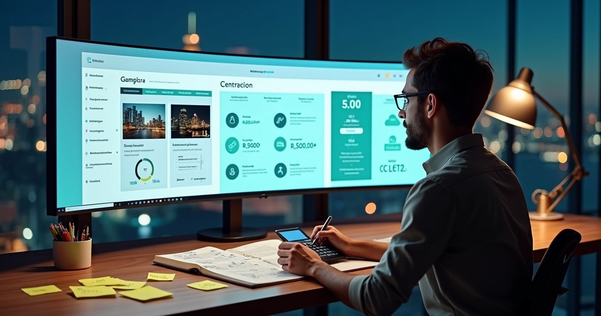 Empresário analisando valores e layouts de site em tela ampla de computador 