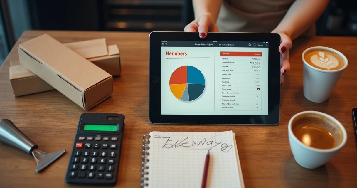 Mesa com tablet e gráfico de custos