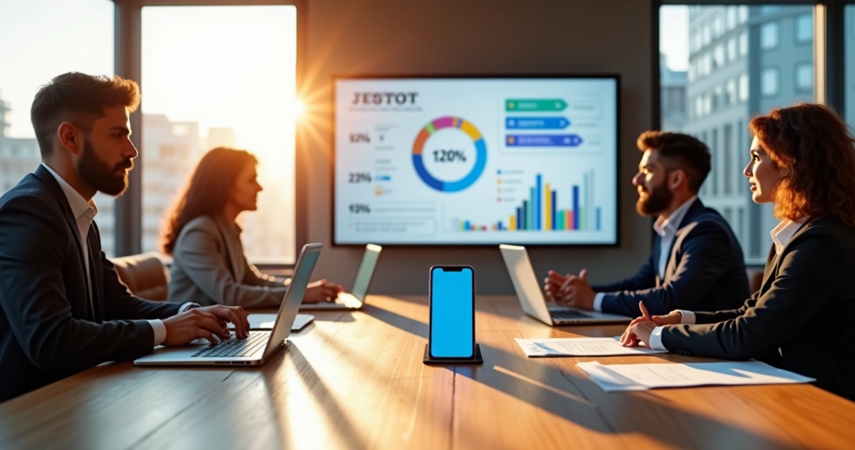 Empresários analisando o custo de desenvolvimento de um aplicativo em um escritório moderno 