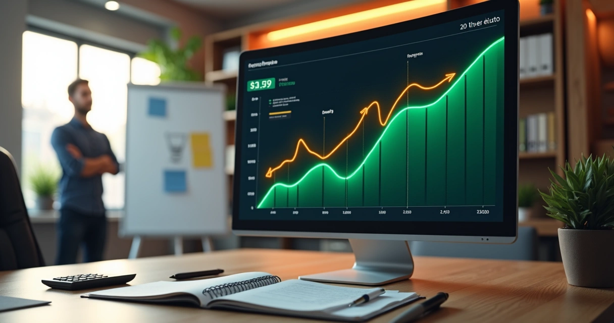 Gráfico mostrando receita subindo e custos quase estáveis em escritório de pequena empresa 
