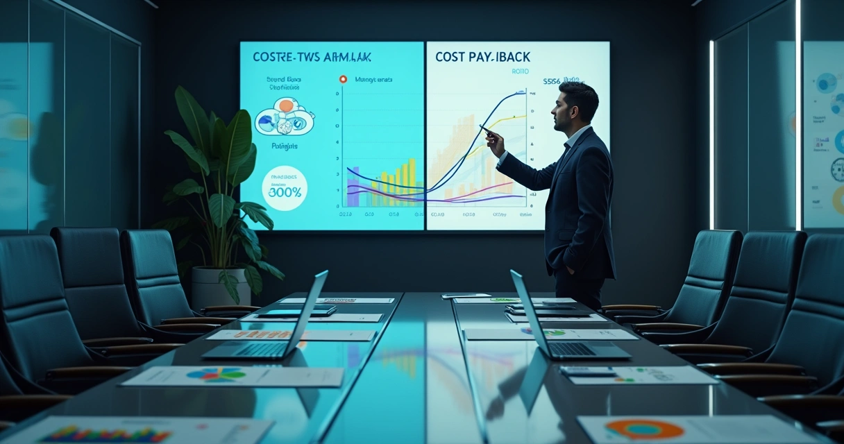 Executivo compara custos de IA em vendas com equipe tradicional em painel digital 
