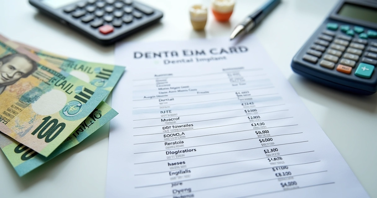 Dinheiro, cartão e tabela de valores ao lado de modelos de implantes dentários 
