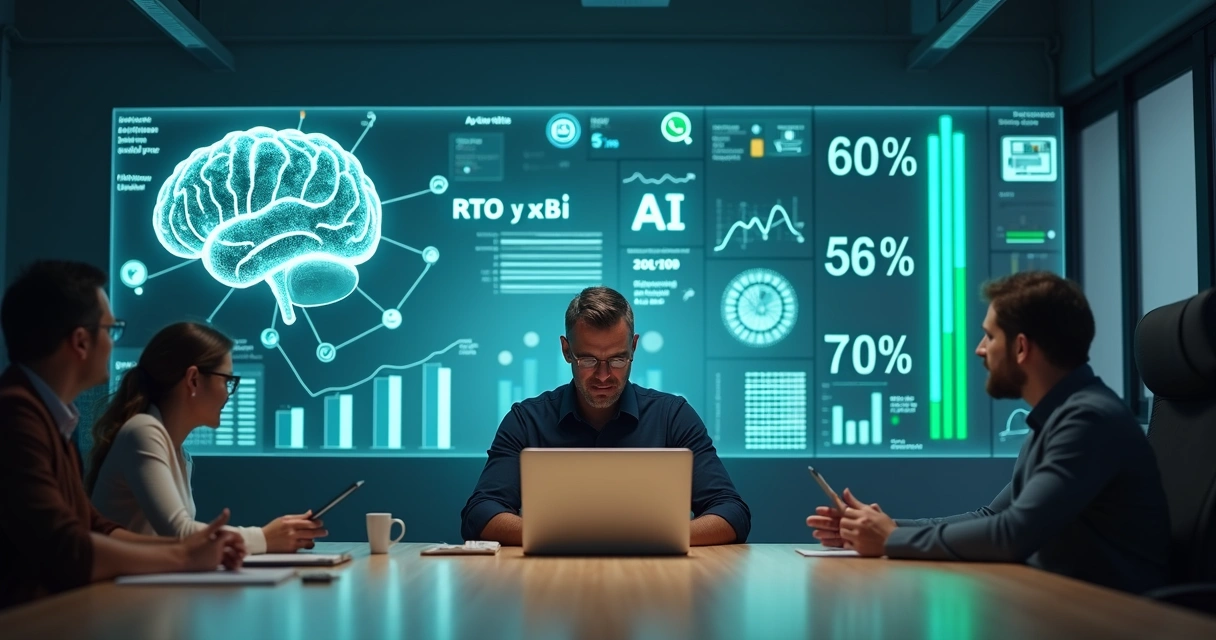 Executivo analisa custos de implementação de IA em painel com gráficos e ícones de automação 