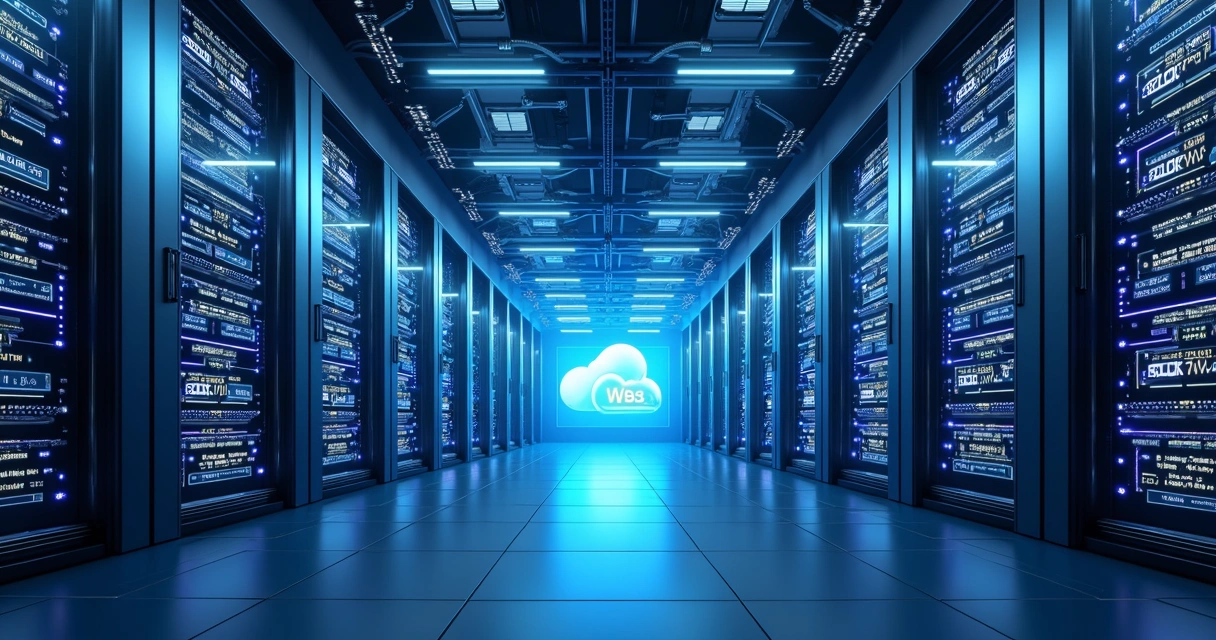 Centro de dados moderno com racks de servidores iluminados e processadores de alta performance 