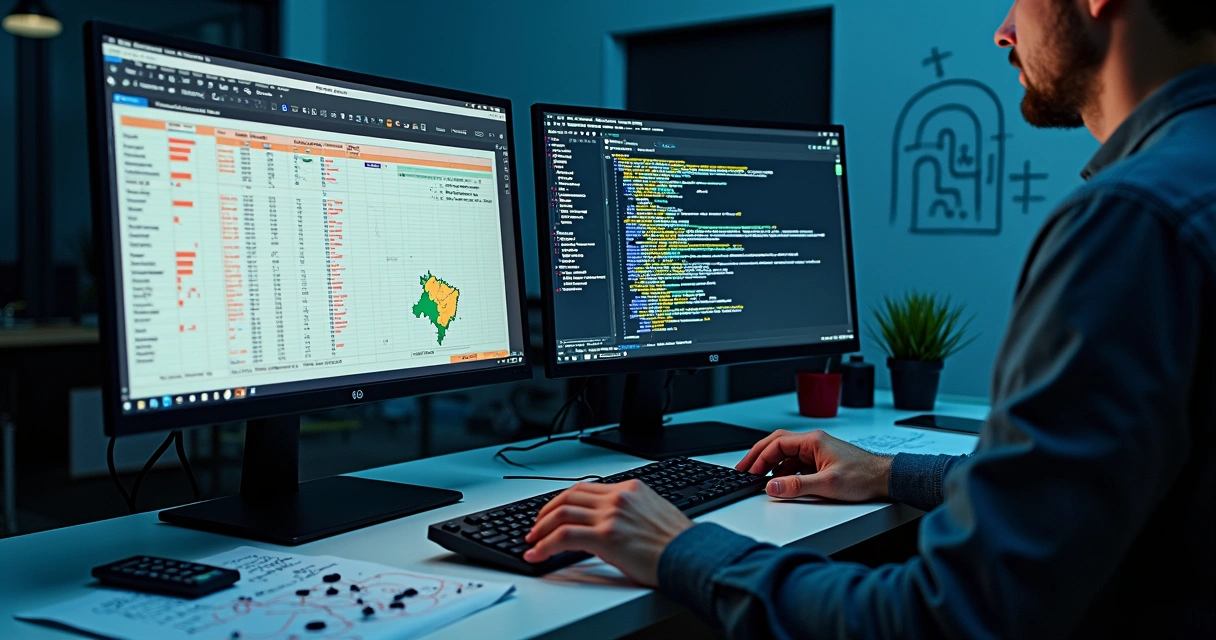 Mesa de desenvolvedor com planilha de custos e código de integração NFS-e na tela 