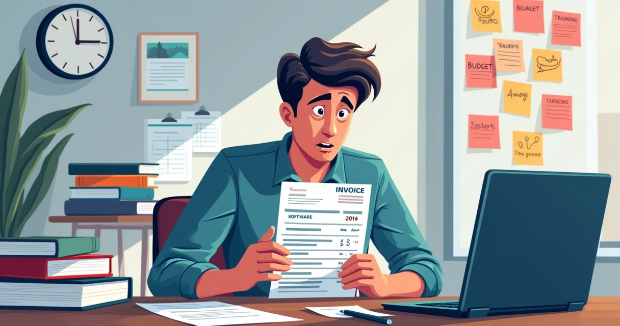 Um empresário preocupado observa fatura alta de software em um escritório desordenado, com livros de treinamento ao lado.