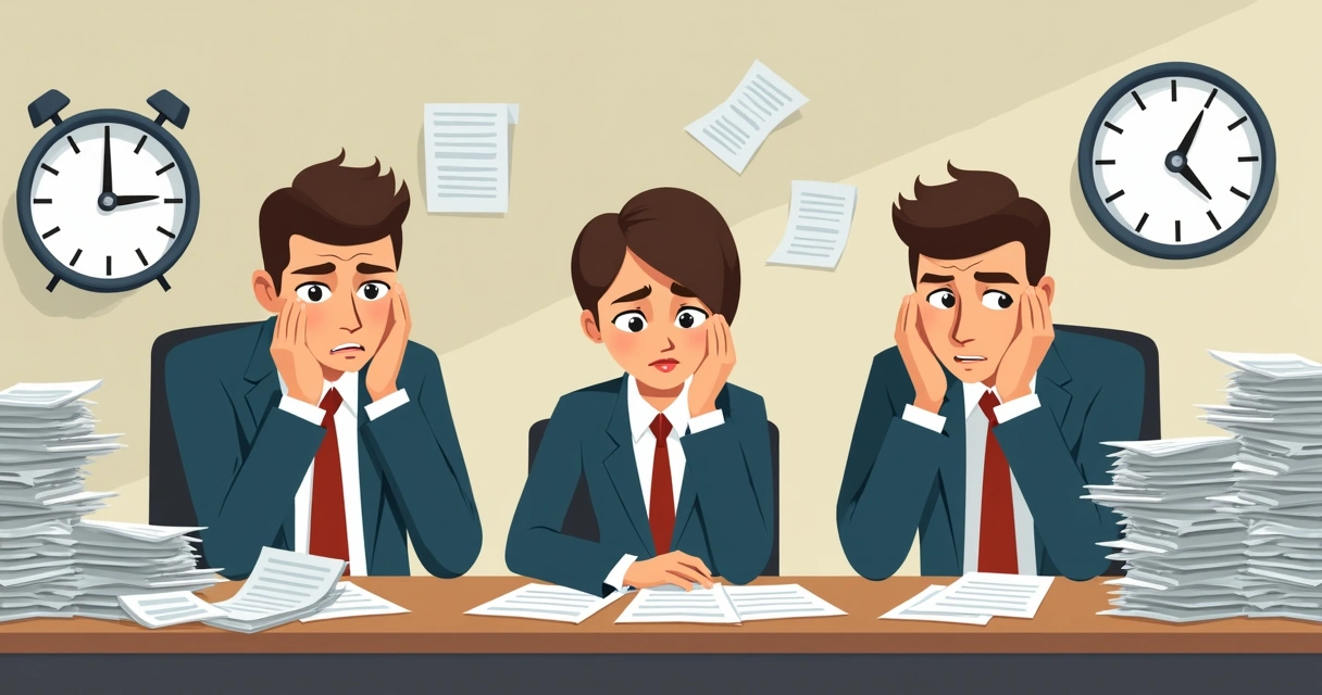 Equipe de vendas frustrada diante de pilha de papéis não aproveitados 