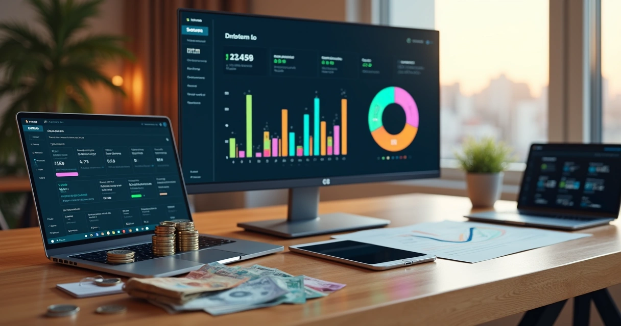 Comparação visual de diferentes custos para manter um site em 2026 com gráficos e dispositivos digitais 