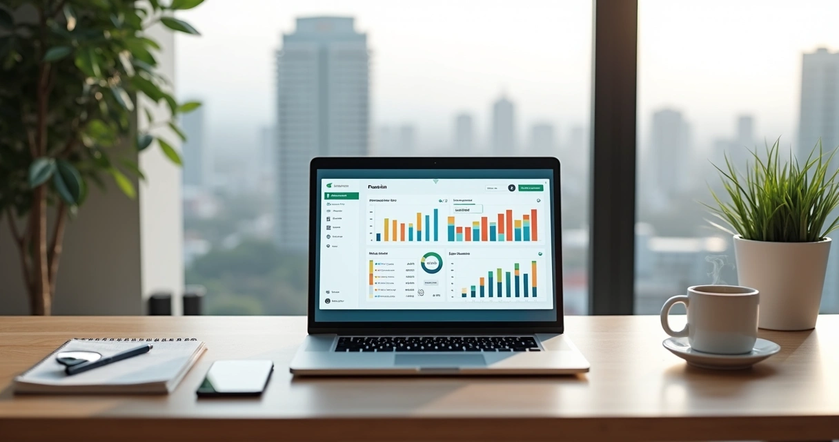 Mesa com computador exibindo gráficos de custo de manutenção de site 