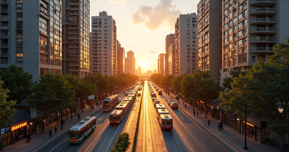 Vista urbana panorâmica de Sydney com prédios residenciais, transporte público e áreas verdes ao entardecer 