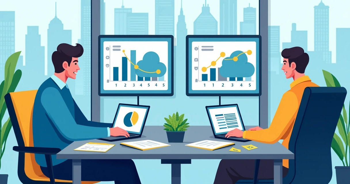 Dois gestores analisando custos de nuvem em escritório