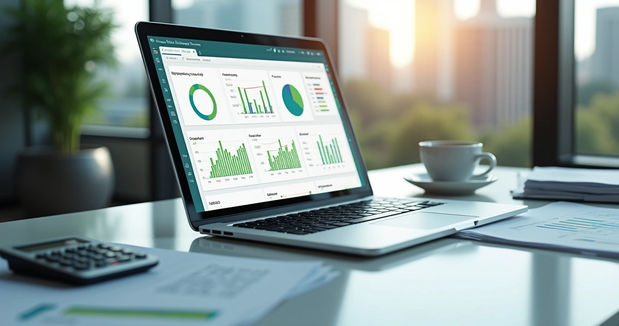 Mesa de escritório com laptop exibindo gráficos de impostos, documentos fiscais espalhados e uma calculadora ao lado, ambiente moderno de trabalho com iluminação natural