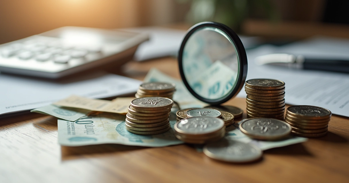 Pilhas de moedas e notas, com uma lupa em cima revelando pequenas taxas escritas em etiquetas ocultas 