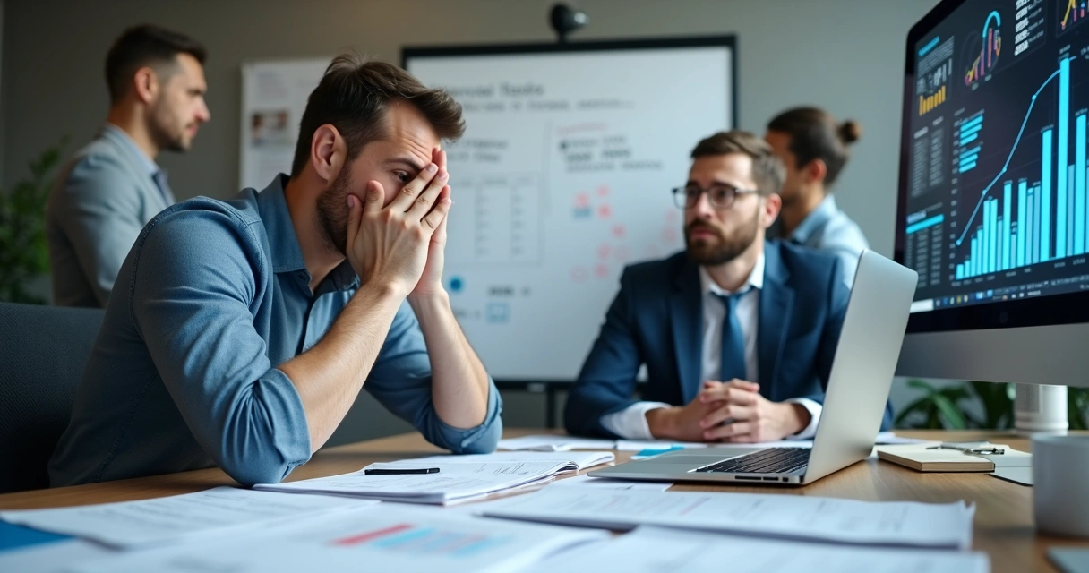 Gestor analisando papéis e computador em sala de reunião empresarial 