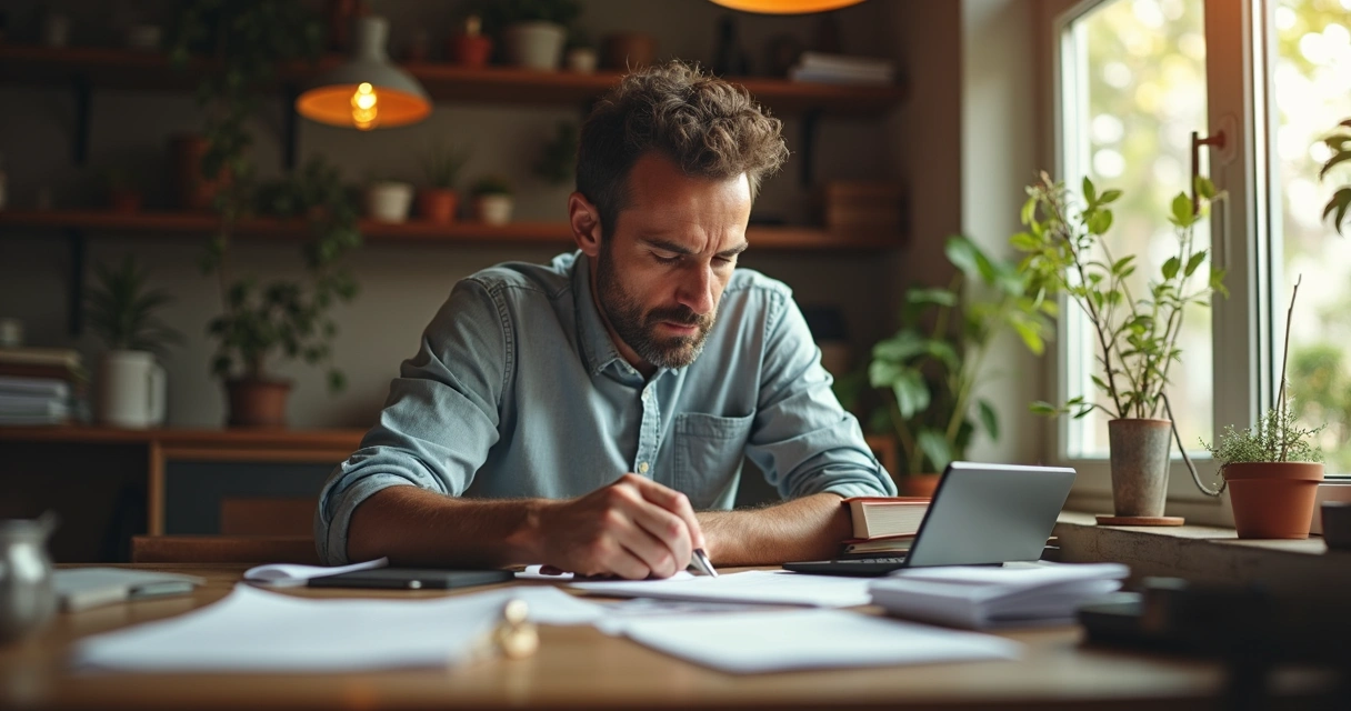 Gestor com pilha de papéis preocupado em escritório pequeno 