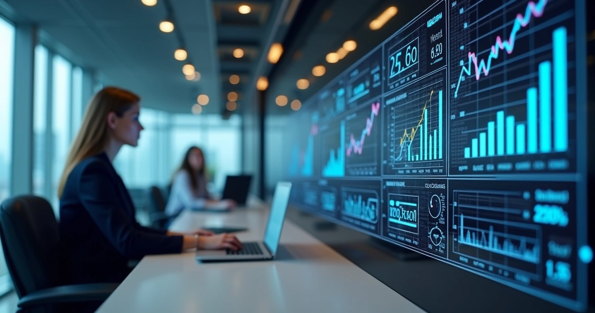 Gráficos comparando custos de atendimento humano e IA em ambiente empresarial, equipe pequena de humanos à esquerda, fluxos de IA à direita. 