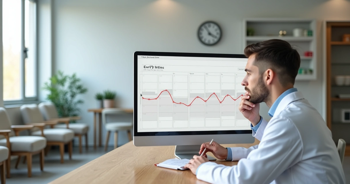 Médico em consultório vazio olhando agenda com cadeiras desocupadas 