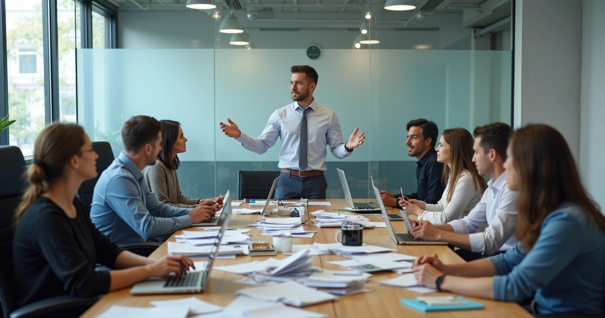 Equipe reunida em sala de treinamento olhando para apresentação enquanto tarefas acumulam na mesa 