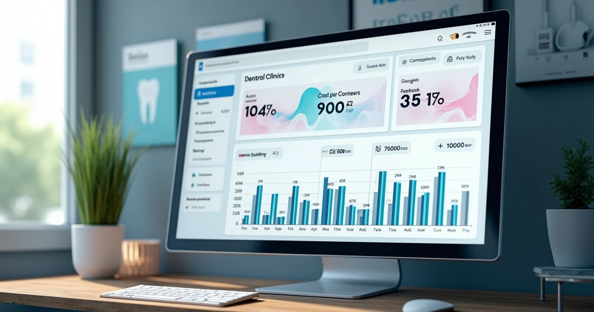 Dashboard de custo por conversão para campanhas de clínica, mostrando gráfico de barras