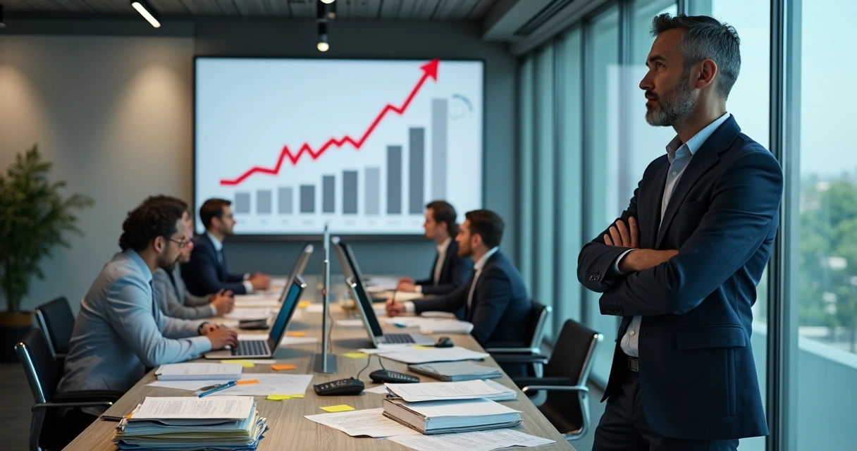 Gestor observando equipe sobrecarregada com pilhas de papel e gráficos de custos ao fundo 