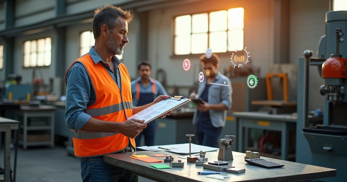 Dono de pequena fábrica calcula custo de producao ao lado de máquina industrial 