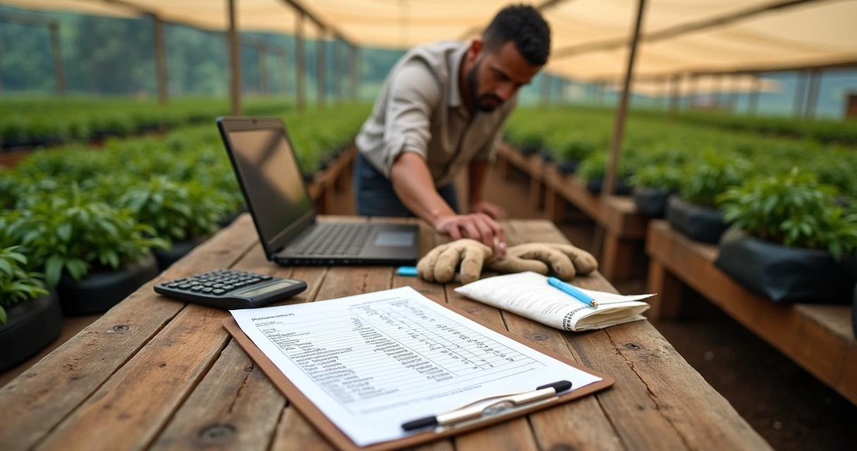 Produtor avaliando mudas de café em viveiro com planilha de custos sobre a mesa 