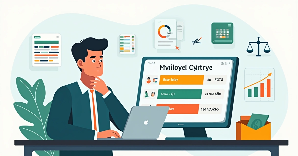 Empresario analisando o custo real de um funcionario em planilha com icones de encargos trabalhistas 