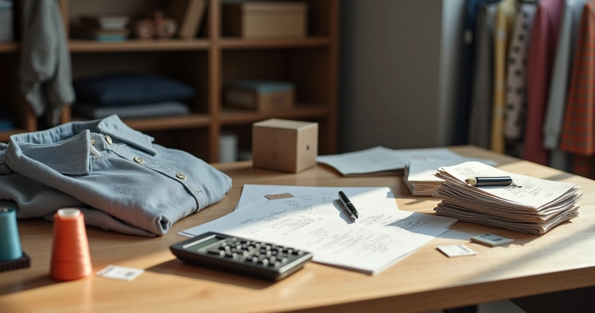 Peça de roupa em cima de mesa com pilhas de etiquetas, bobinas de linha e calculadora 