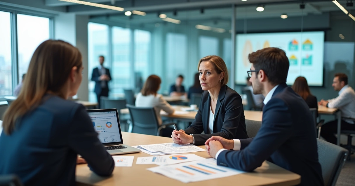 Equipe de RH em sala de reunião observando treinamento corporativo vazio e pouco aproveitado 