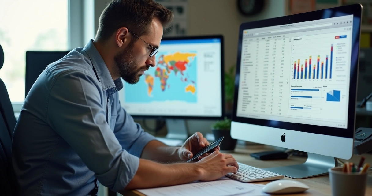 Gestor de frota analisando custos no computador 