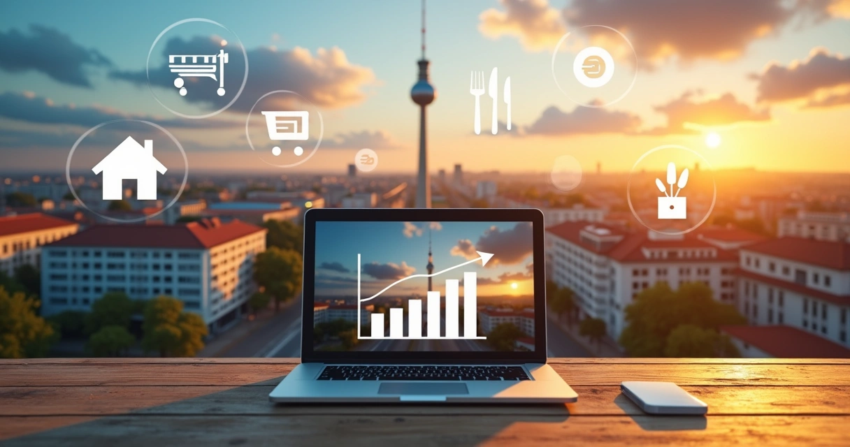 Vista de cidade alemã com símbolos de custo de vida e trabalho 