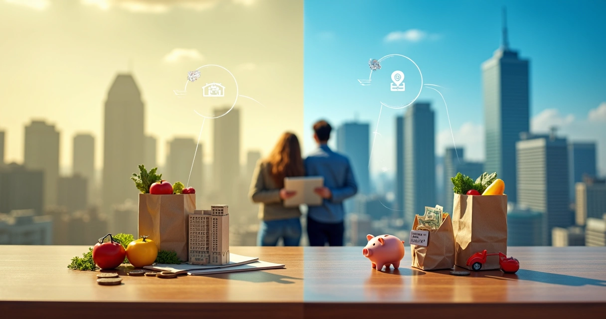 Comparação de custo de vida entre Brasil e Estados Unidos com cidades e ícones de gastos 