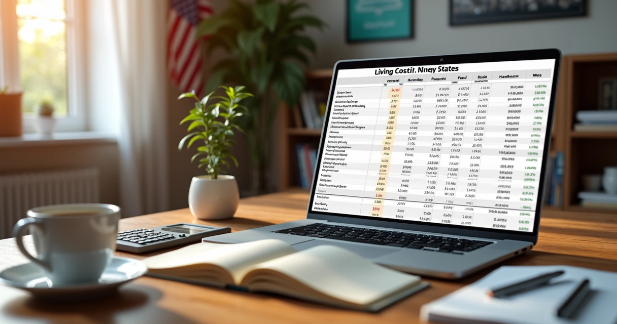 Mesa com calculadora, cadernos e planilha de orçamento aberto mostrando custos de moradia, alimentação e transporte nos EUA 