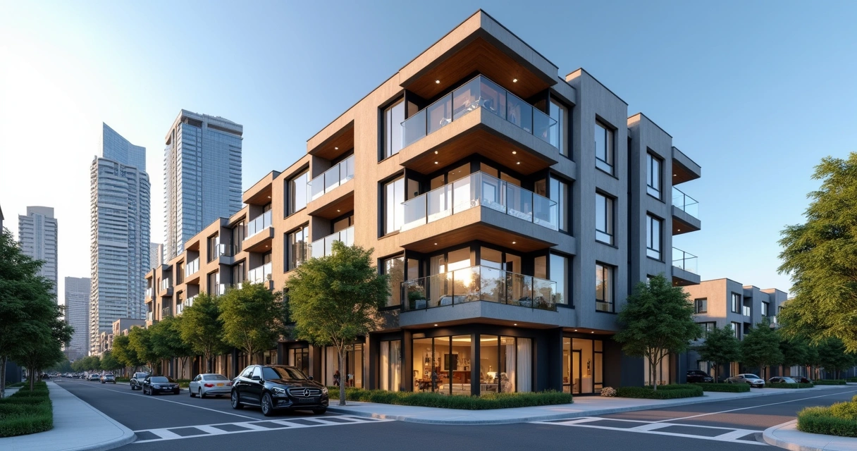 Apartamento moderno em cidade americana com prédios altos, carro estacionado e céu azul claro 