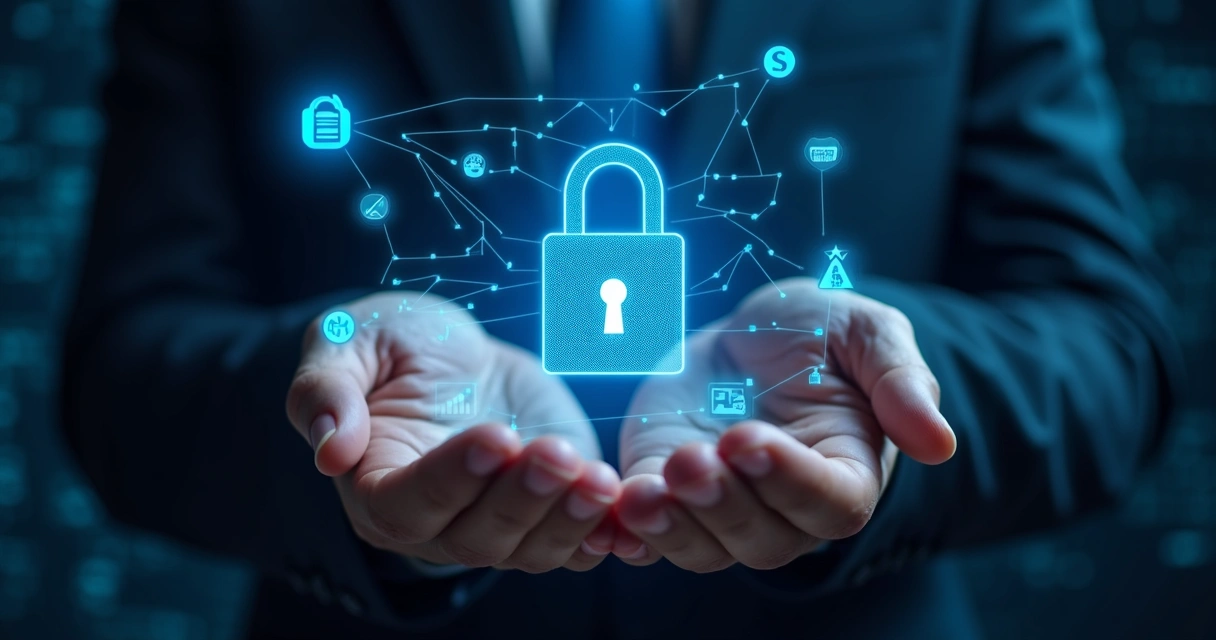 Mãos segurando uma carteira digital holográfica com cadeado, ao fundo circuito eletrônico e elementos digitais em azul escuro 