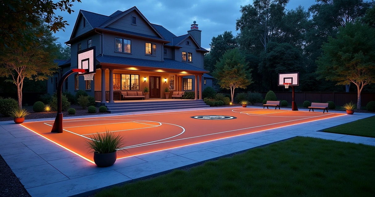 Outdoor multi-sport court with custom lighting at dusk