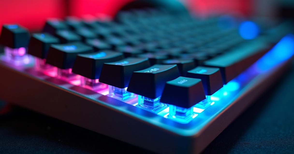 Close up of a custom gaming keyboard with colored keycaps 