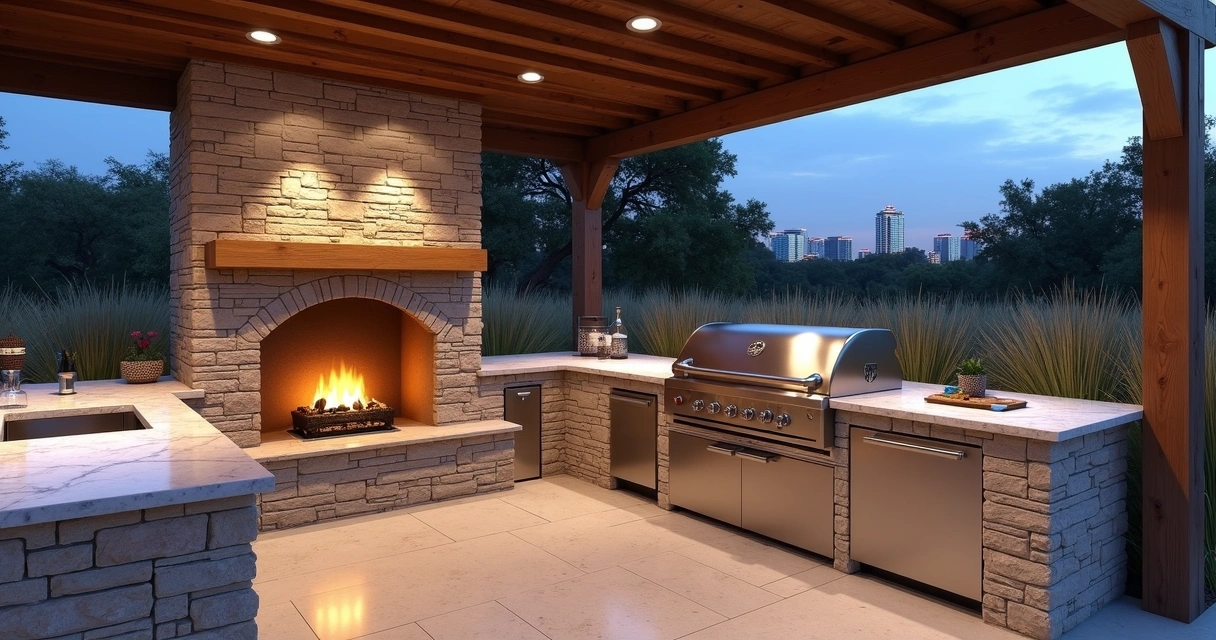 Custom stone outdoor kitchen with a fireplace and mood lighting 