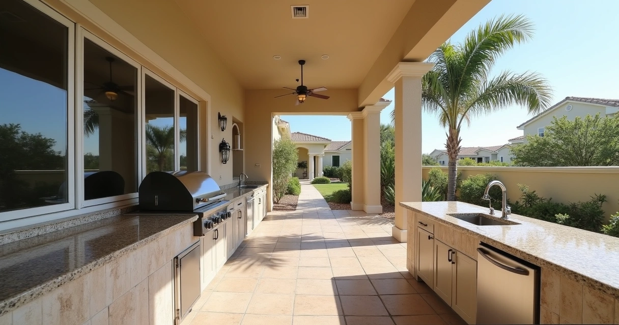 Outdoor kitchen with stainless steel appliances on a Florida patio 